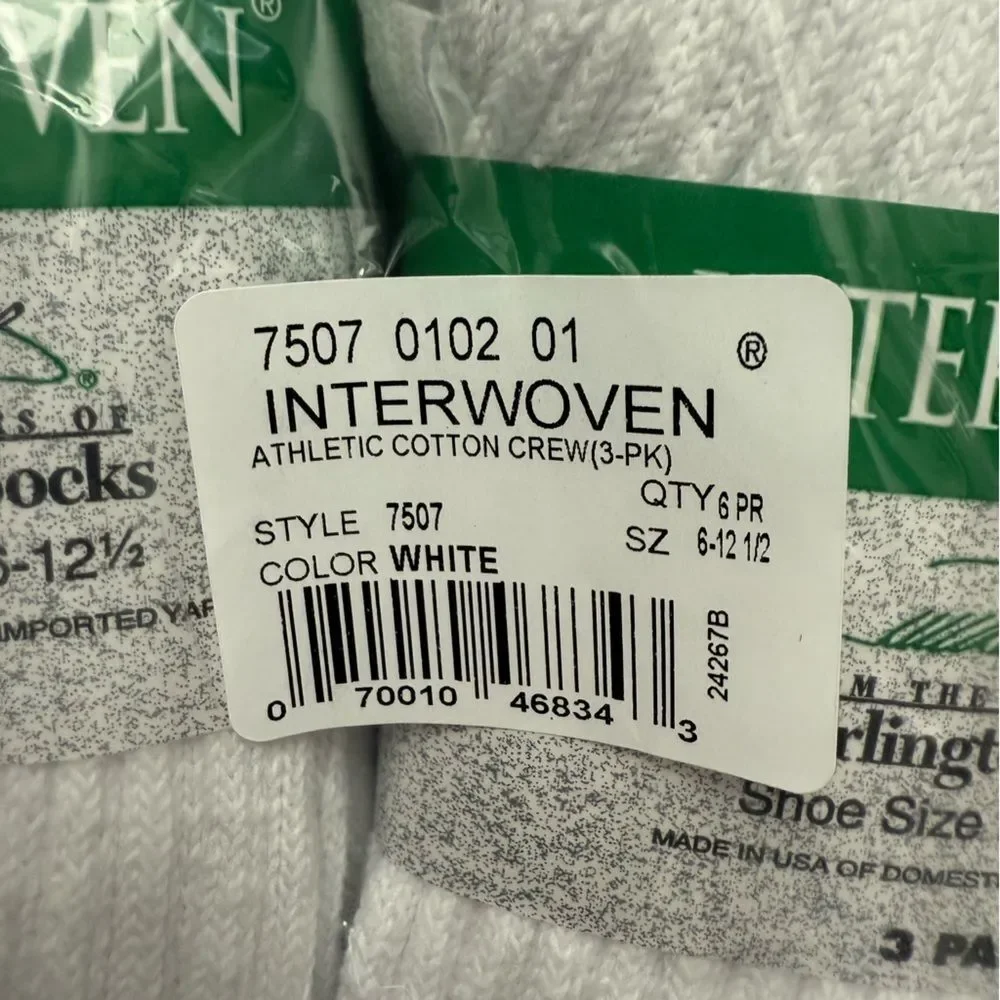 Interwoven Cotton Crew Athletic Socks White 6 Pair Pack Size 6-12.5 NWT